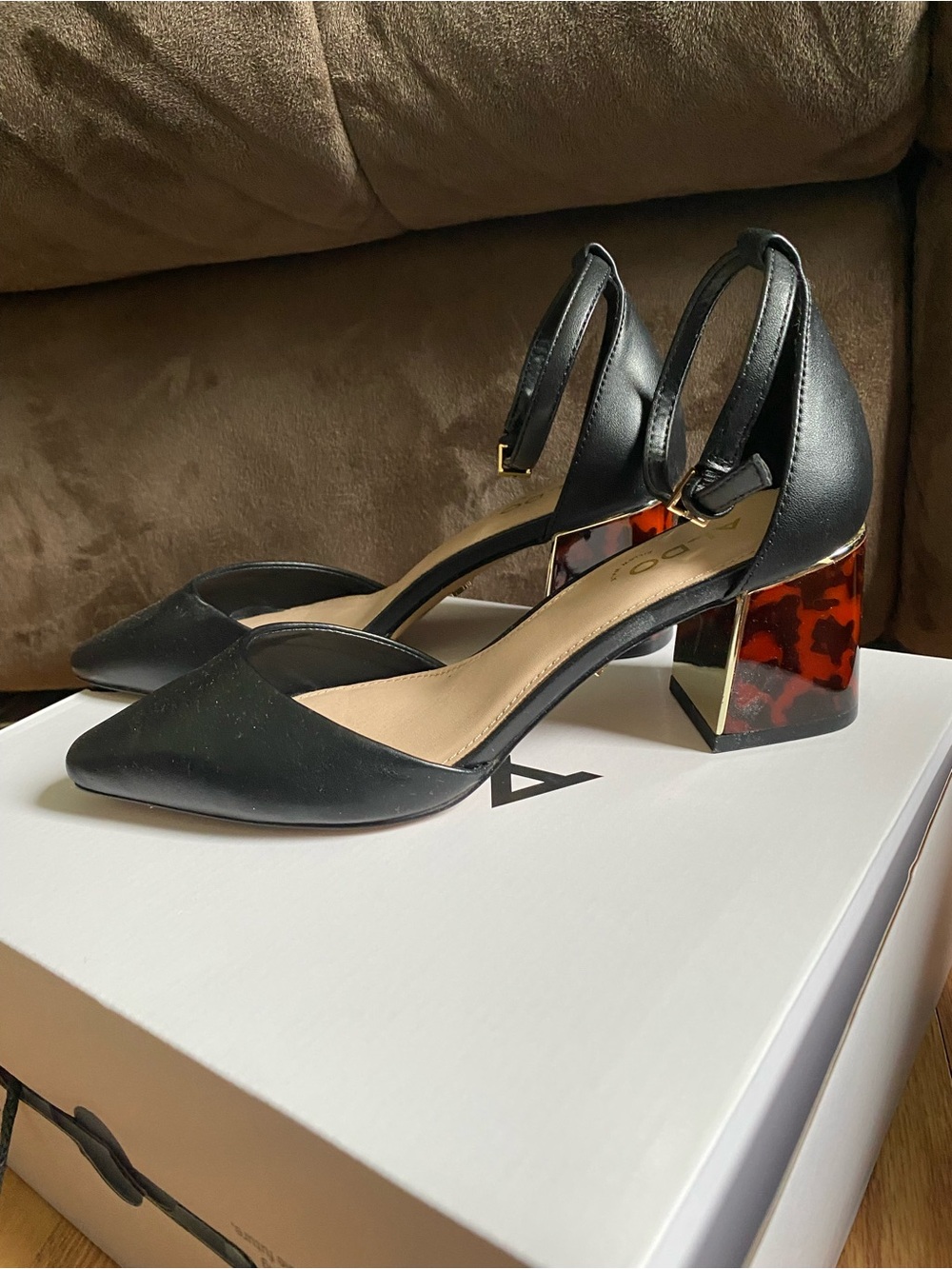 Black Ankle-Strap Pointed Toe Block Heel Pumps